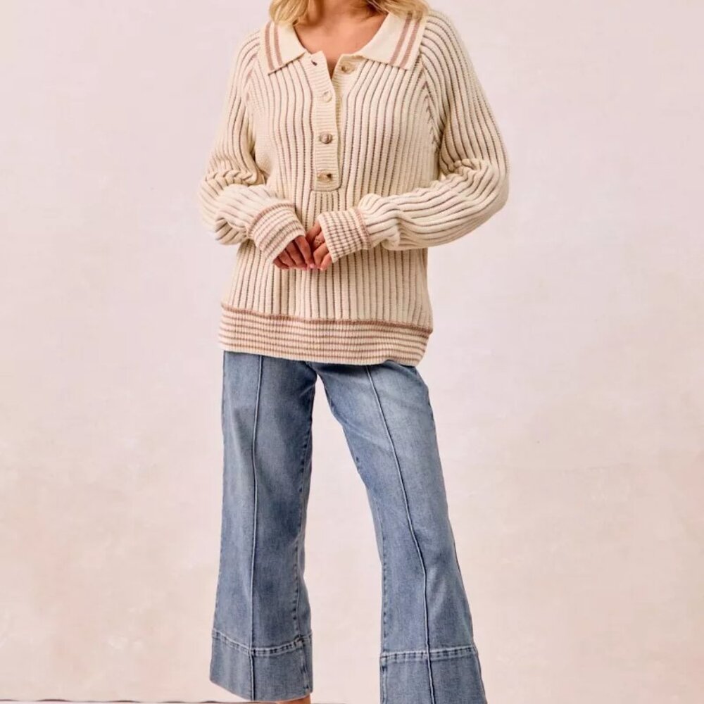BiBi‎ Half Button Ribbed Two Tone Sweater - Picture 15 of 16